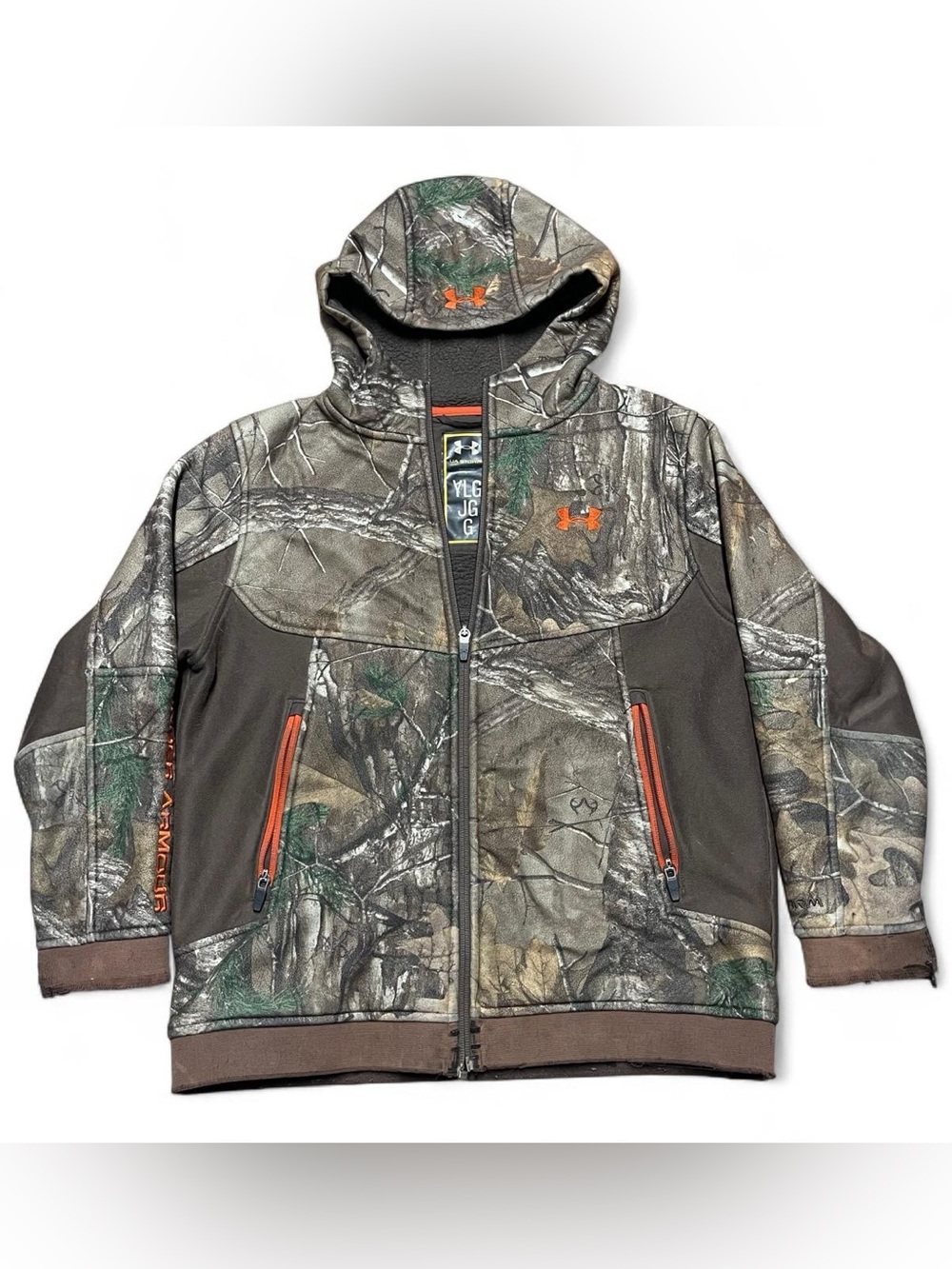 Under Armour Hoodie Youth Large Brown Green Camo Full Zip Fleece Lined Hunting